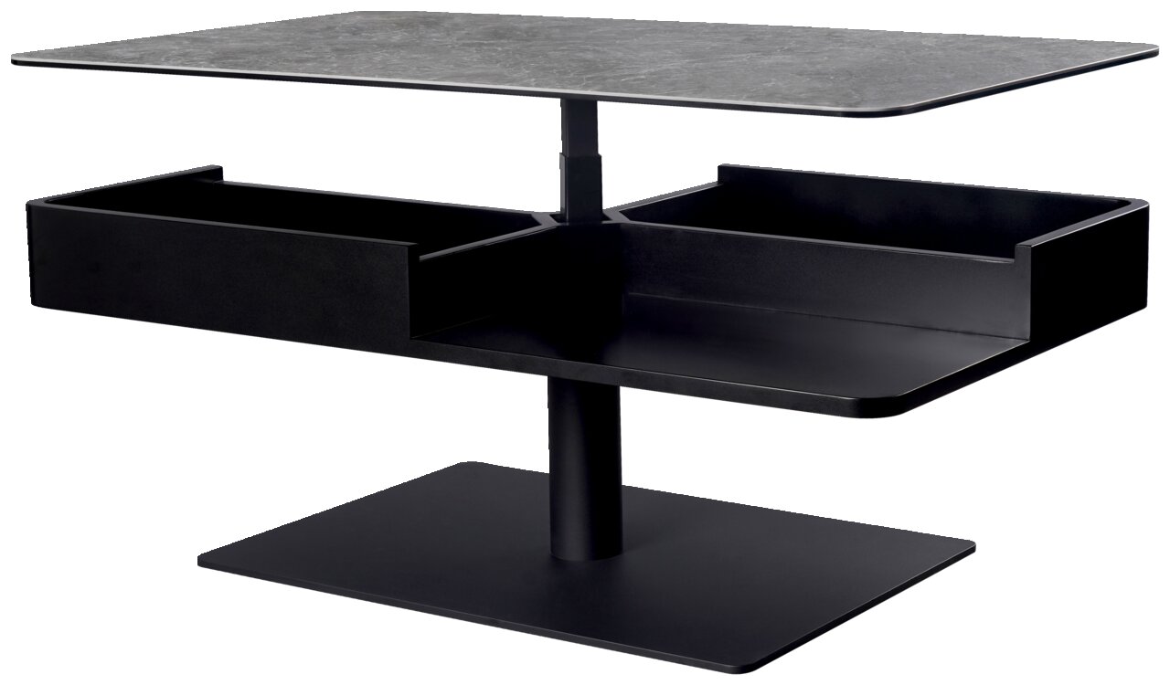 Moderne salontafel met zwart onderstel en grijs tafelblad, zijaanzicht