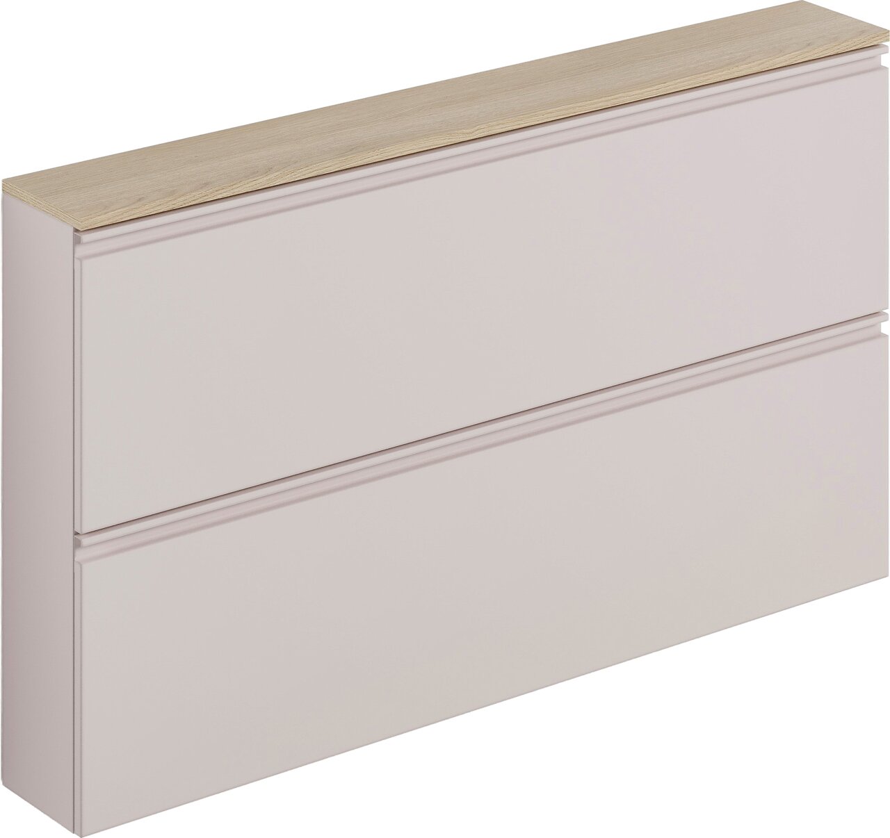 Hängeschuhschrank mit zwei Schubladen in hellem Beige und einer Holzoberfläche, seitliche Perspektive