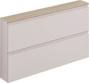 Hängeschuhschrank mit zwei Schubladen in hellem Beige und einer Holzoberfläche, seitliche Perspektive