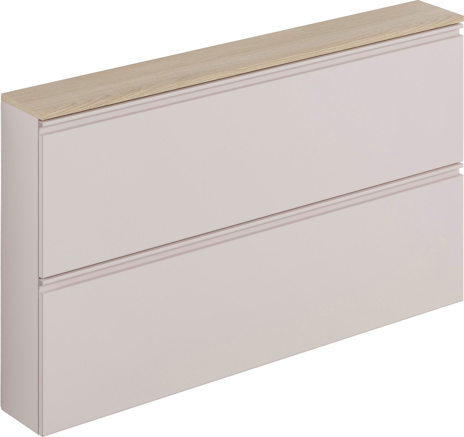 Hängeschuhschrank mit zwei Schubladen in hellem Beige und einer Holzoberfläche, seitliche Perspektive