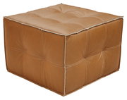 Brauner, quadratischer Hocker aus Leder mit gestepptem Design, seitliche Perspektive