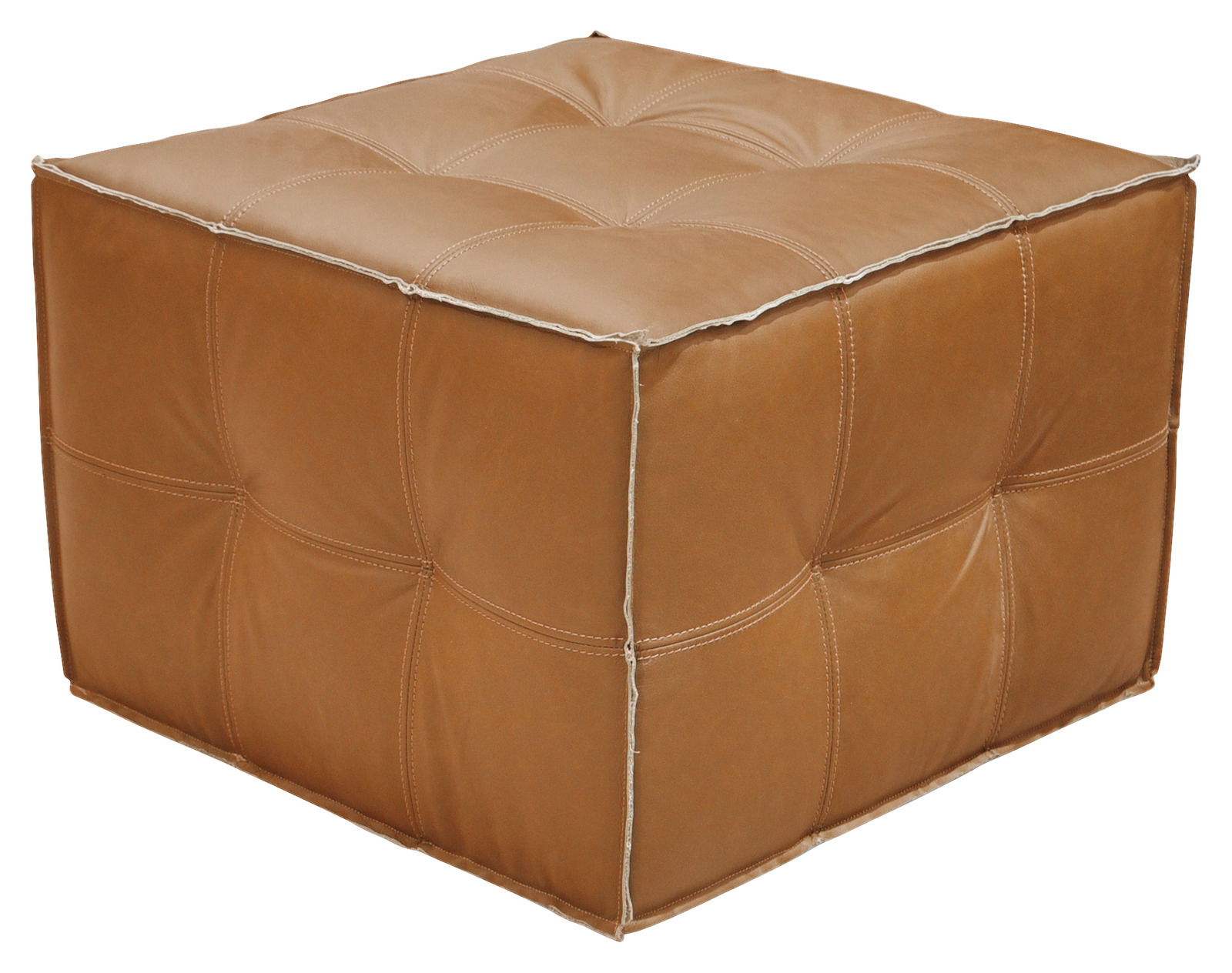 Brauner, quadratischer Hocker aus Leder mit gestepptem Design, seitliche Perspektive