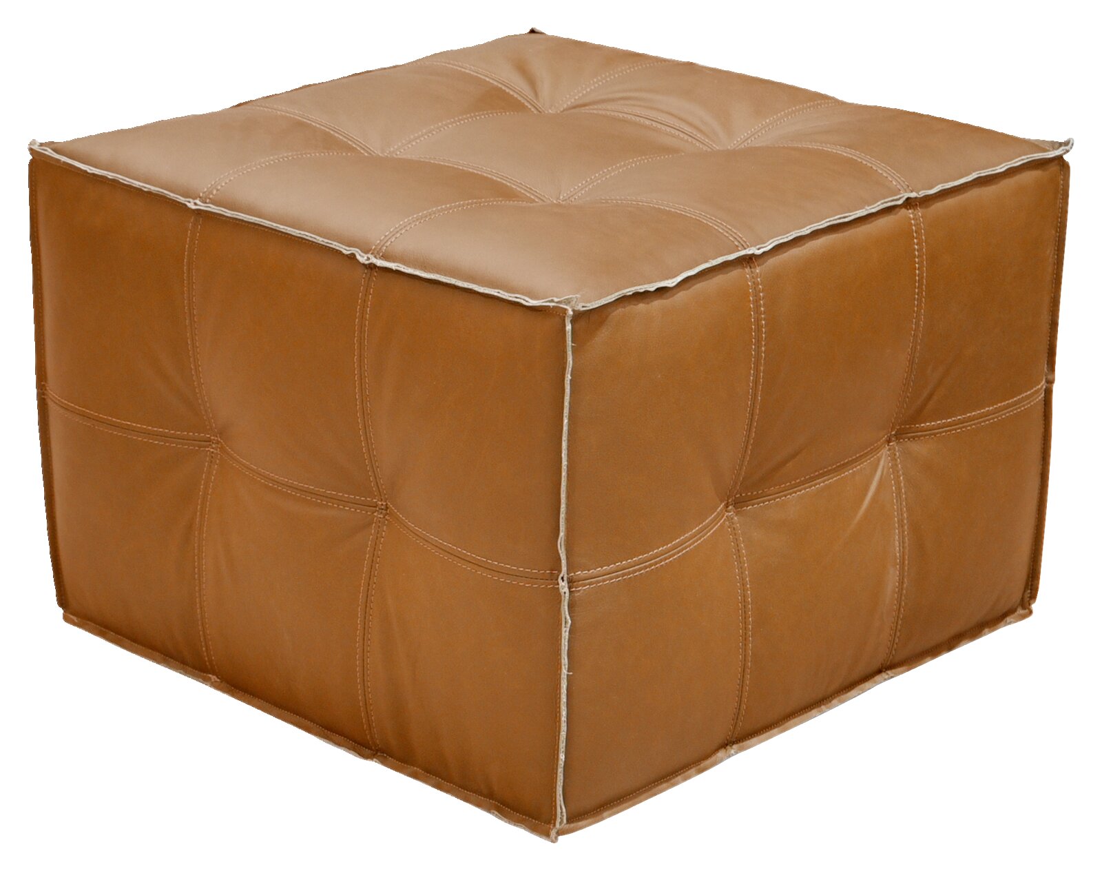 Brauner, quadratischer Hocker aus Leder mit gestepptem Design, seitliche Perspektive