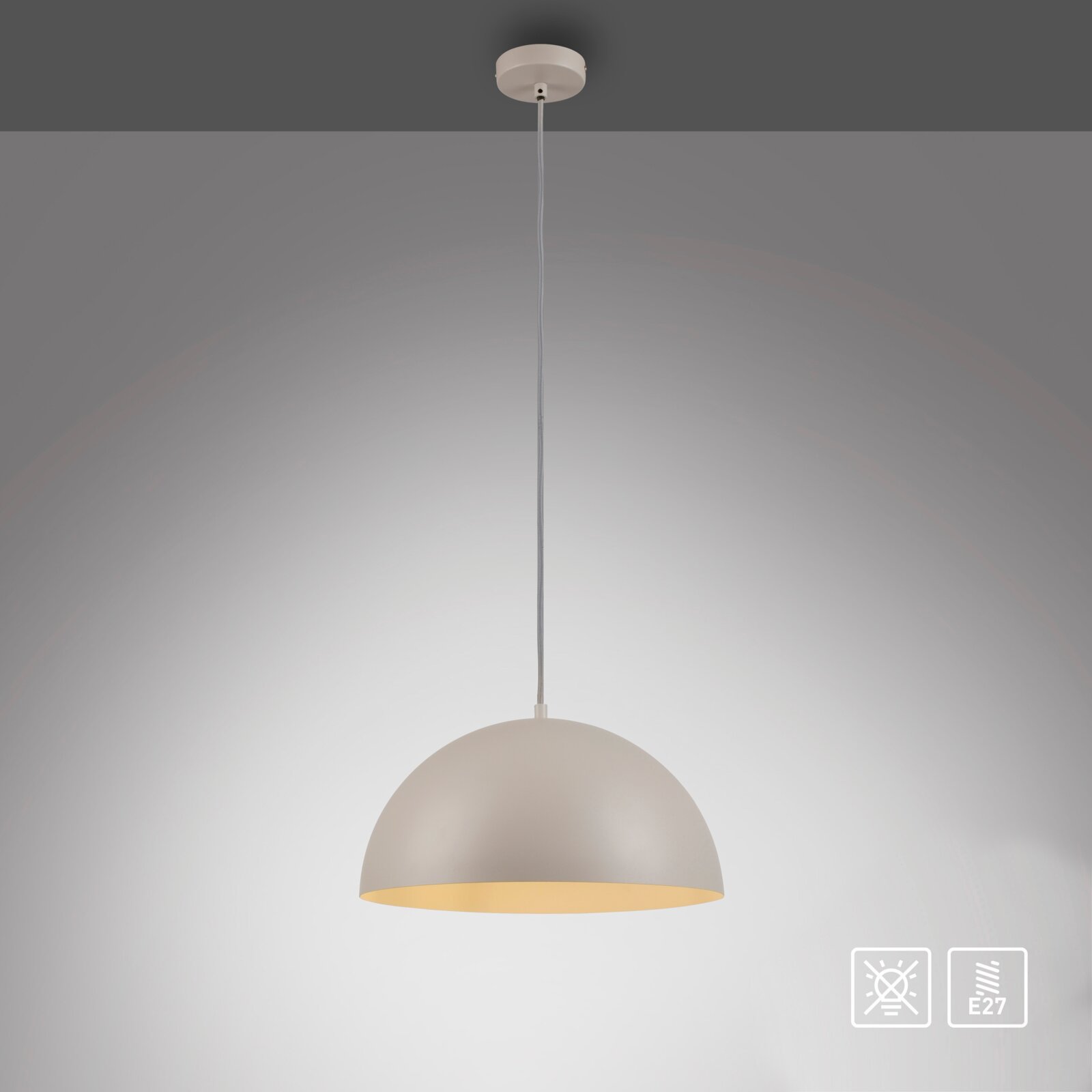 Weiße, halbkugelförmige Pendelleuchte mit langem grauen Kabel und Deckenbaldachin, warm leuchtender Unterseite und E27-Fassung, frontale Ansicht leicht von unten