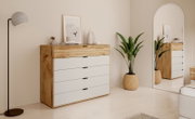 Modernes Sideboard aus Holz mit weißen Schubladen, dekoriert mit Pflanzen und Kunst, in einem stilvollen Raum aus der Frontalperspektive.