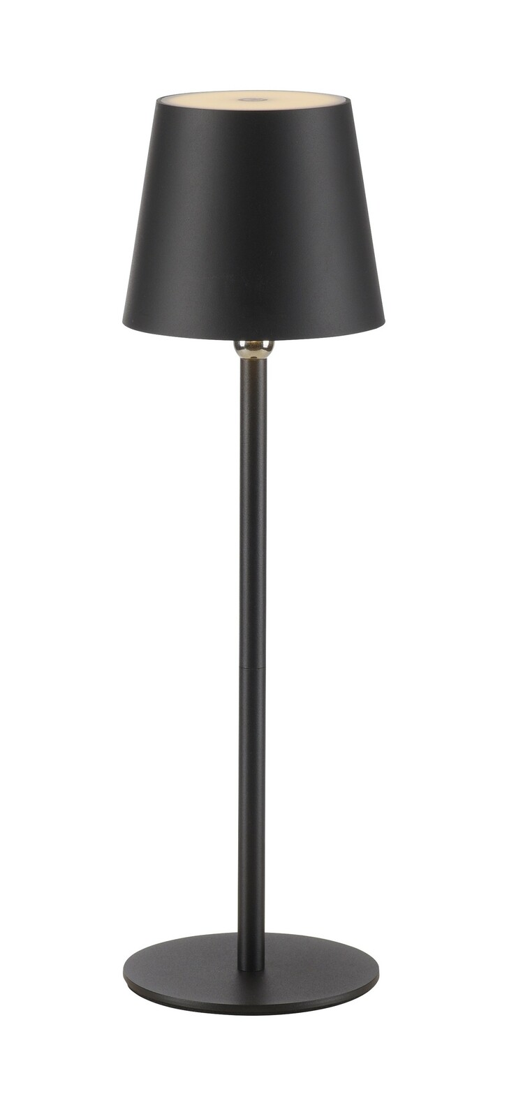 Schwarze Akku-Tischleuchte BOTERIA, frontal abgebildet, mit konischem Lampenschirm und schlankem Standfuß.