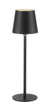 Schwarze Akku-Tischleuchte BOTERIA, frontal abgebildet, mit konischem Lampenschirm und schlankem Standfuß.