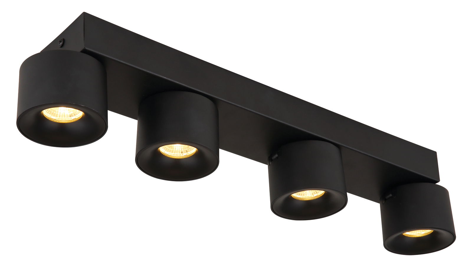 Schwarzer LED Strahler mit vier runden Leuchten, seitliche Perspektive