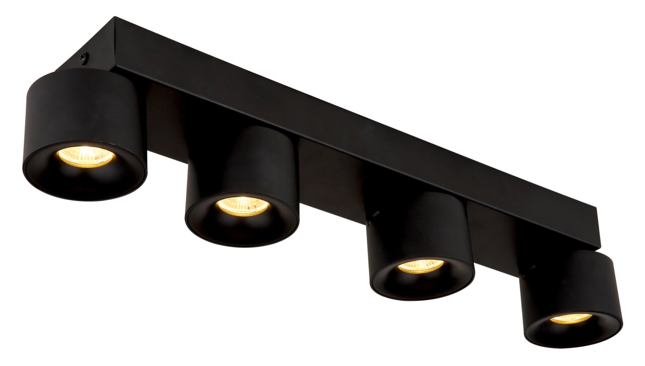 Schwarzer LED Strahler mit vier runden Leuchten, seitliche Perspektive