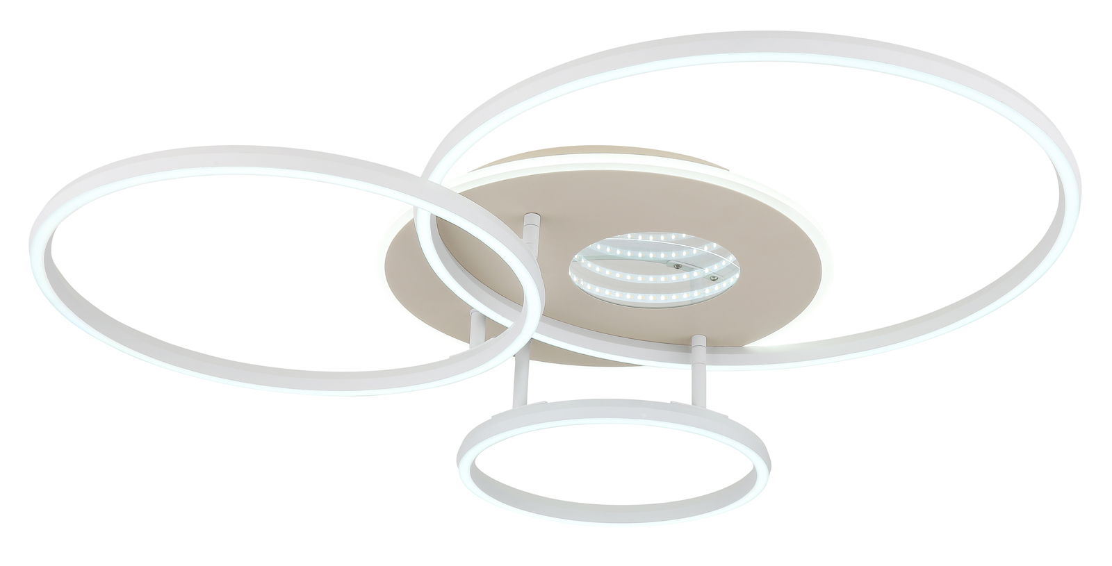 Moderne LED-Deckenleuchte mit drei kreisförmigen Leuchtringen, seitliche Perspektive