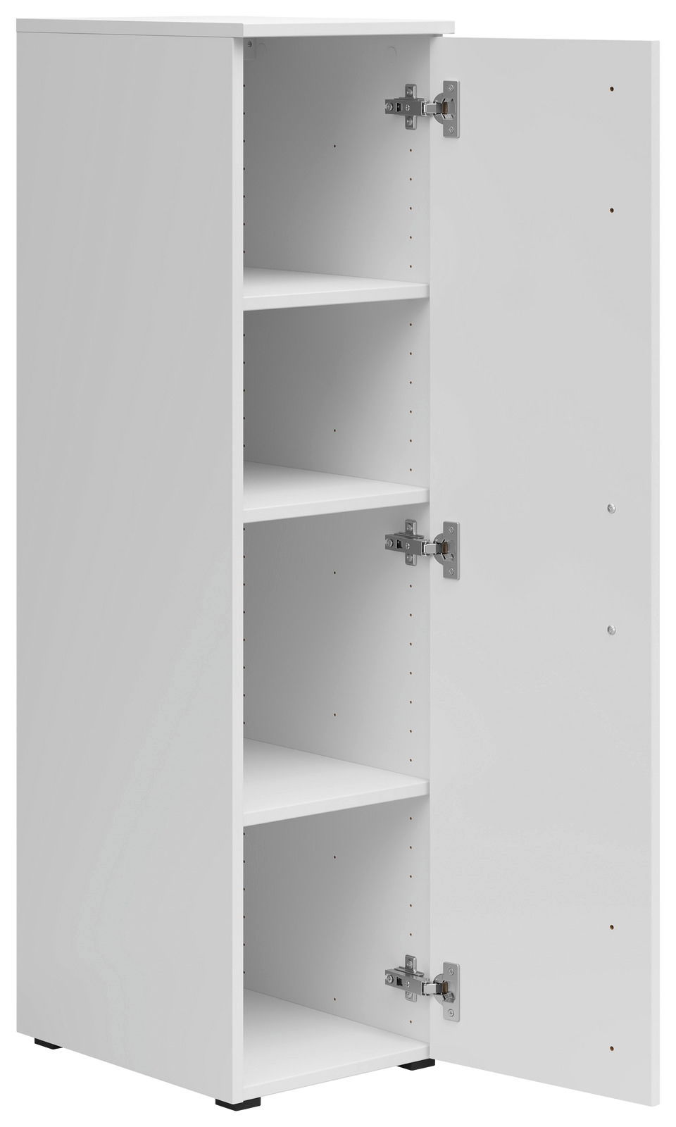 Weißer Mehrzweckschrank mit geöffneter Tür, zeigt drei Einlegeböden, Perspektive von vorne links