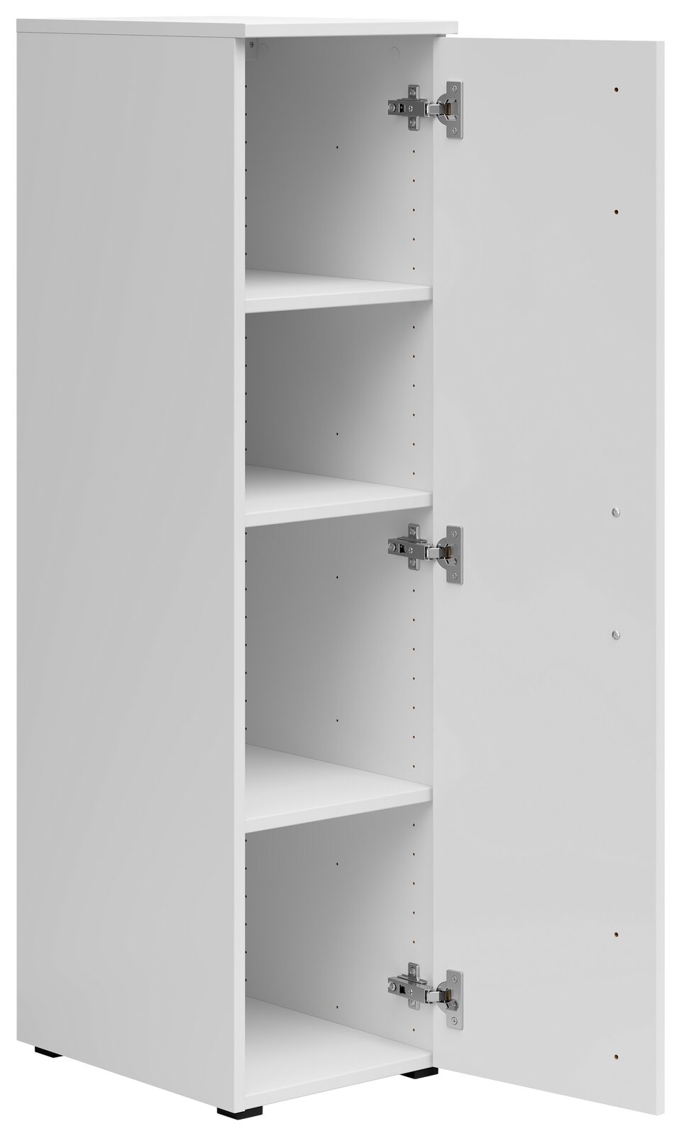 Weißer Mehrzweckschrank mit geöffneter Tür, zeigt drei Einlegeböden, Perspektive von vorne links