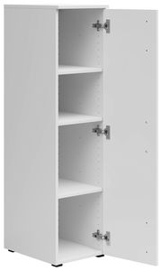 Weißer Mehrzweckschrank mit geöffneter Tür, zeigt drei Einlegeböden, Perspektive von vorne links