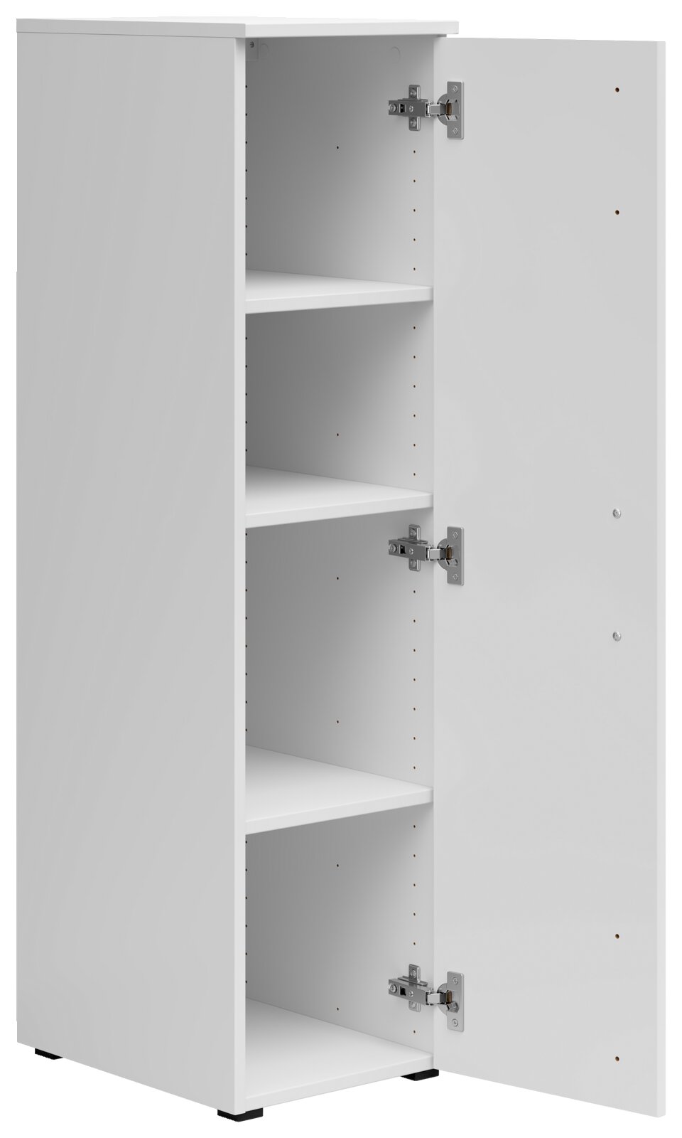 Weißer Mehrzweckschrank mit geöffneter Tür, zeigt drei Einlegeböden, Perspektive von vorne links