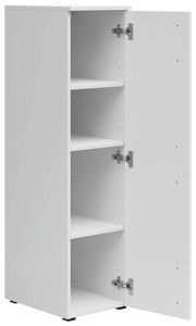 Weißer Mehrzweckschrank mit geöffneter Tür, zeigt drei Einlegeböden, Perspektive von vorne links