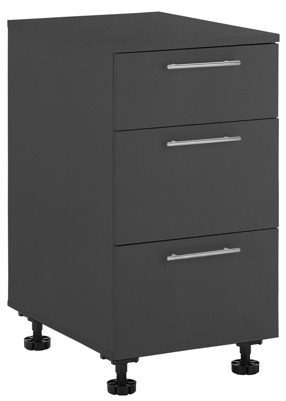 XORA Unterschrank PRIMUS Schwarzer Unterschrank mit drei Schubladen und silbernen Griffen, seitliche Perspektive