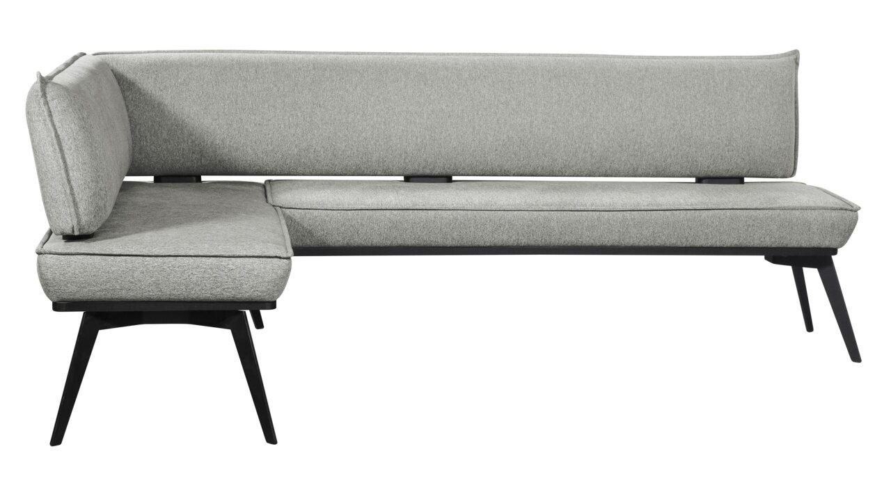 Graue Eckbank mit modernem Design, seitliche Perspektive