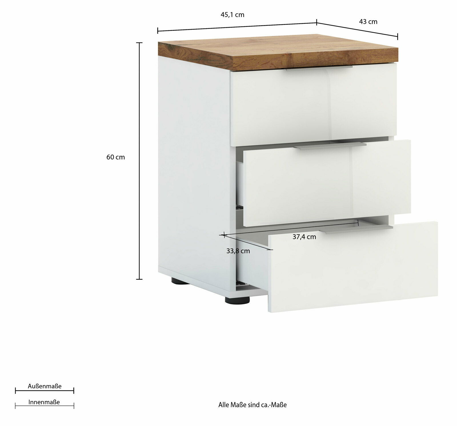 Nachtkommode mit drei Schubladen, weiße Fronten und Holzoberfläche, seitliche Perspektive
