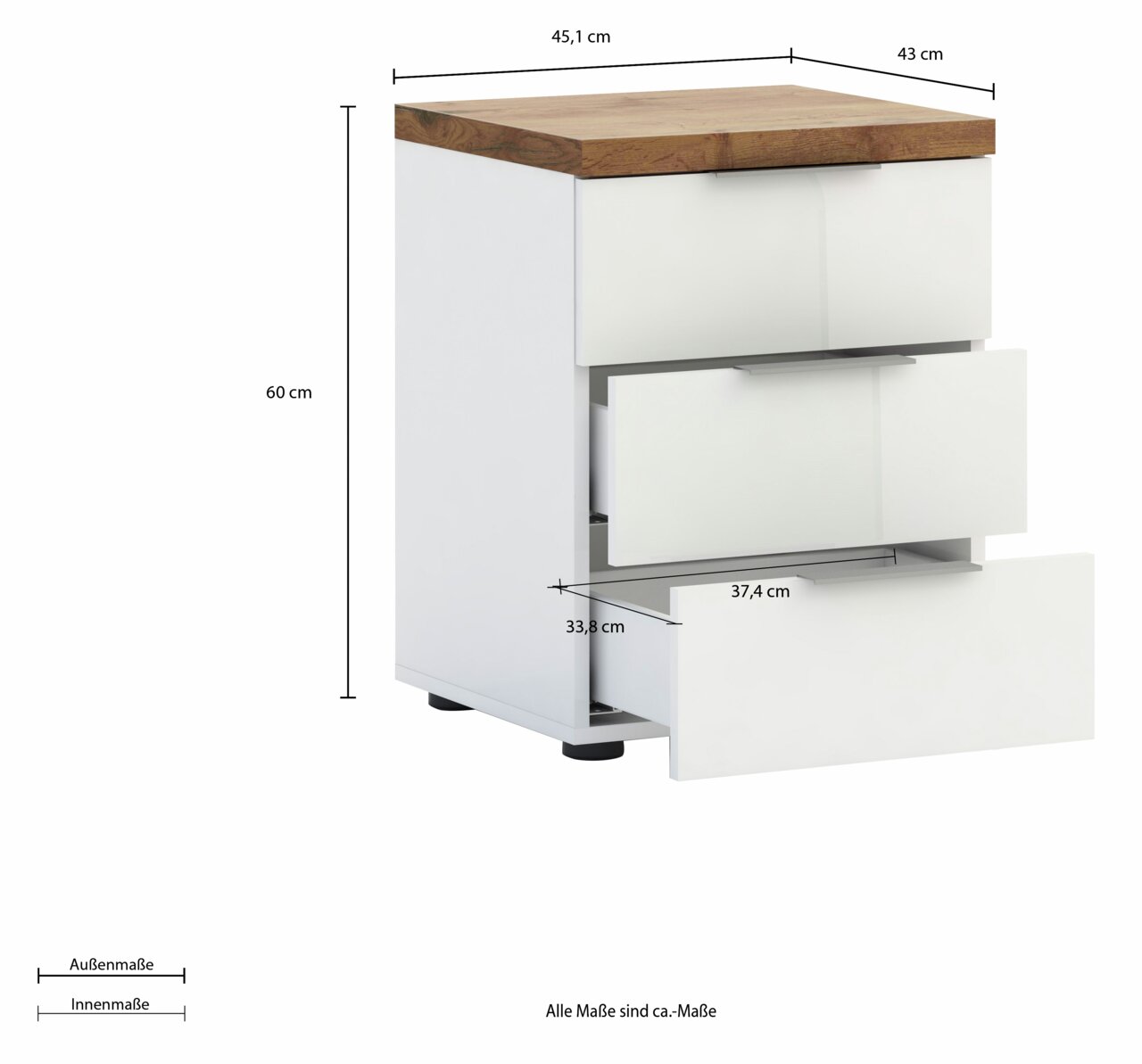 Nachtkommode mit drei Schubladen, weiße Fronten und Holzoberfläche, seitliche Perspektive