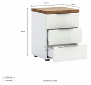 Nachtkommode mit drei Schubladen, weiße Fronten und Holzoberfläche, seitliche Perspektive