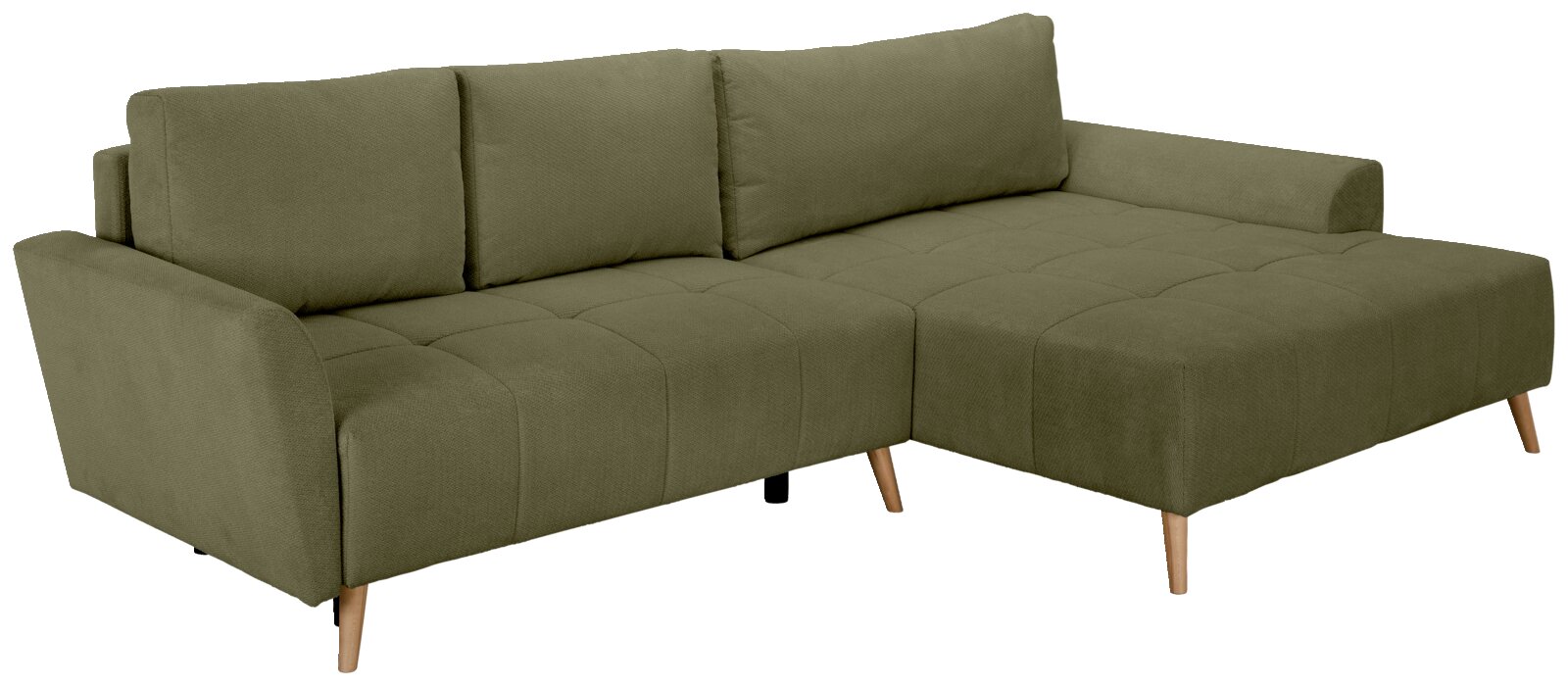 Z2 Ecksofa ZELDA Olivgrünes Ecksofa mit rechter Ottomane, gesteppten Sitzflächen, drei Rückenkissen und Holzfüßen, freigestellt auf Weiß, Ansicht schräg von vorne links