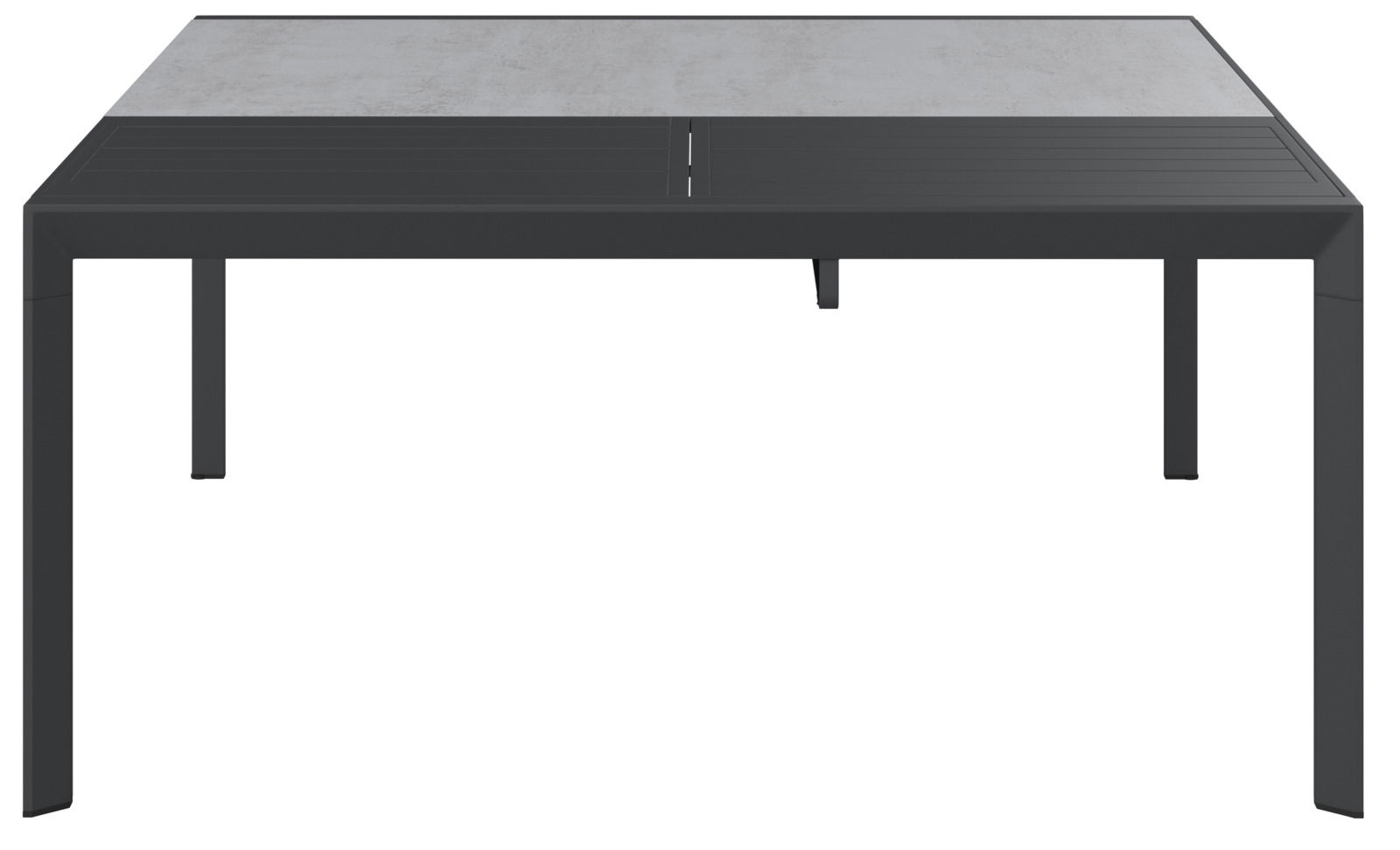 Moderner Gartentisch mit grauer Tischplatte und schwarzem Gestell, Frontalansicht