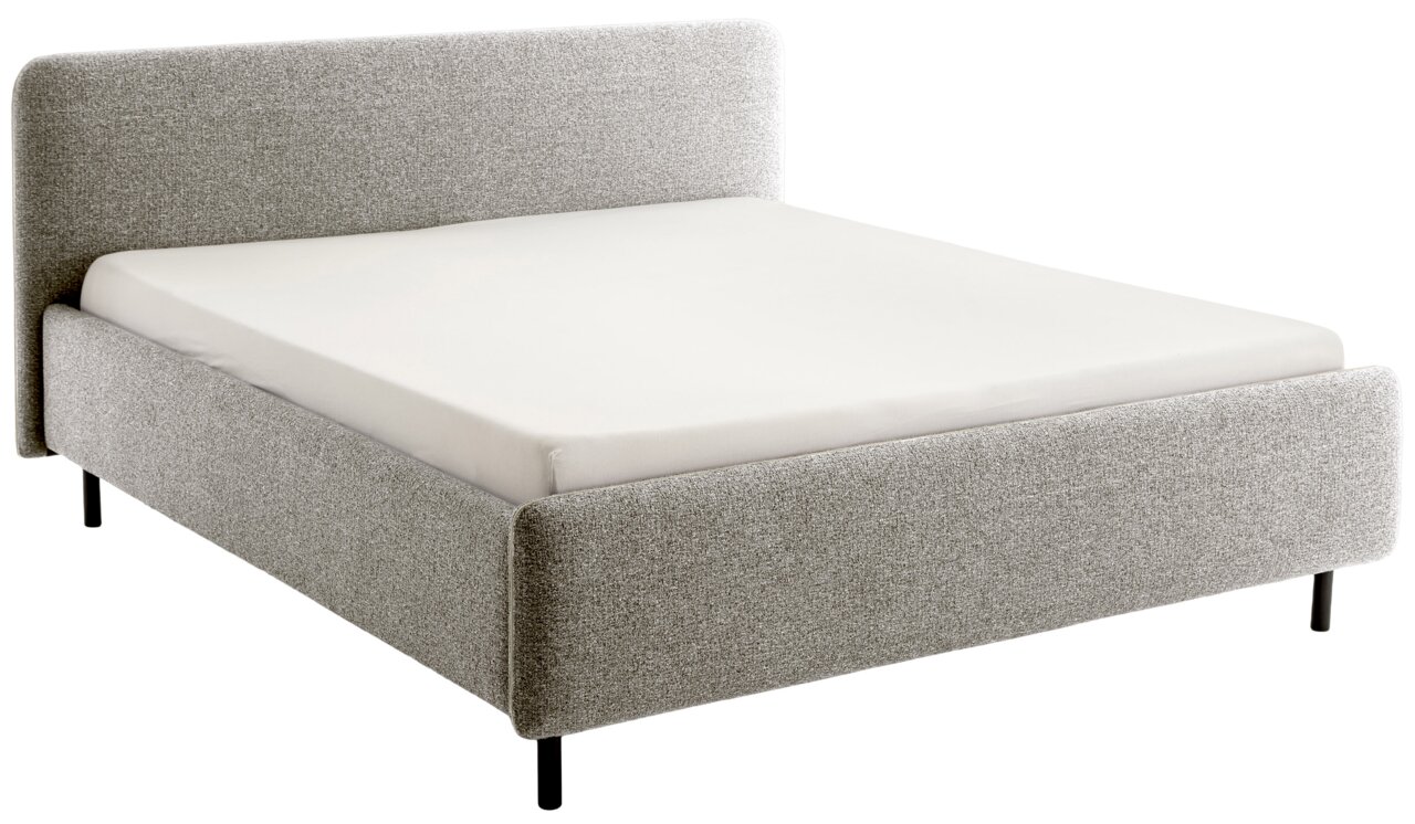 Polsterbett in hellem Grau mit schlichtem Design, seitliche Perspektive