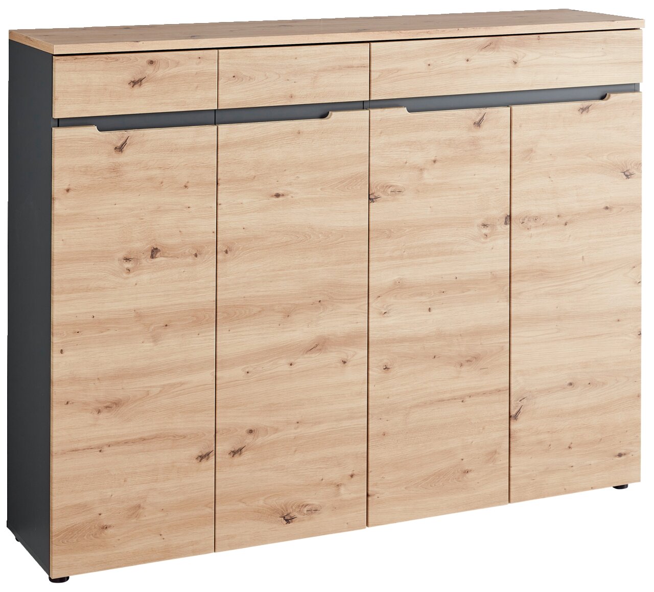 Voleo XL-schoenenkast DETROIT Moderner XL-Schuhschrank aus Holz mit vier Türen, Frontansicht
