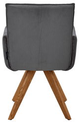 Rückansicht eines grauen Armlehnstuhls mit Holzbeinen, fotografiert von hinten.