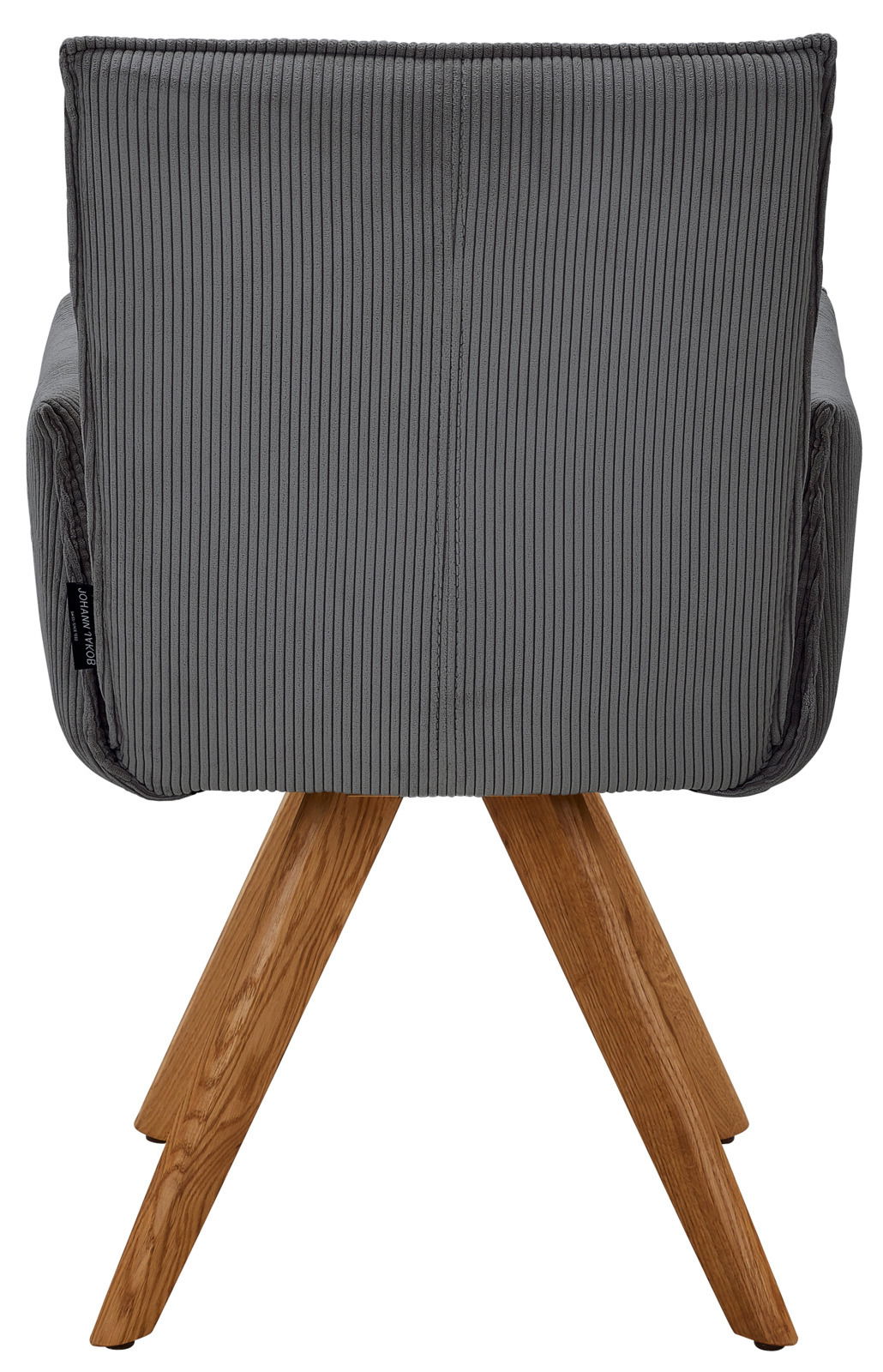 Rückansicht eines grauen Armlehnstuhls mit Holzbeinen, fotografiert von hinten.