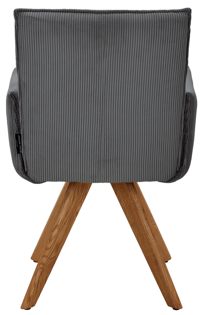 Johann Jakob Armlehnstuhl CALAS Rückansicht eines grauen Armlehnstuhls mit Holzbeinen, fotografiert von hinten.