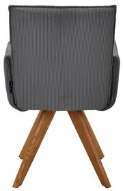 Rückansicht eines grauen Armlehnstuhls mit Holzbeinen, fotografiert von hinten.