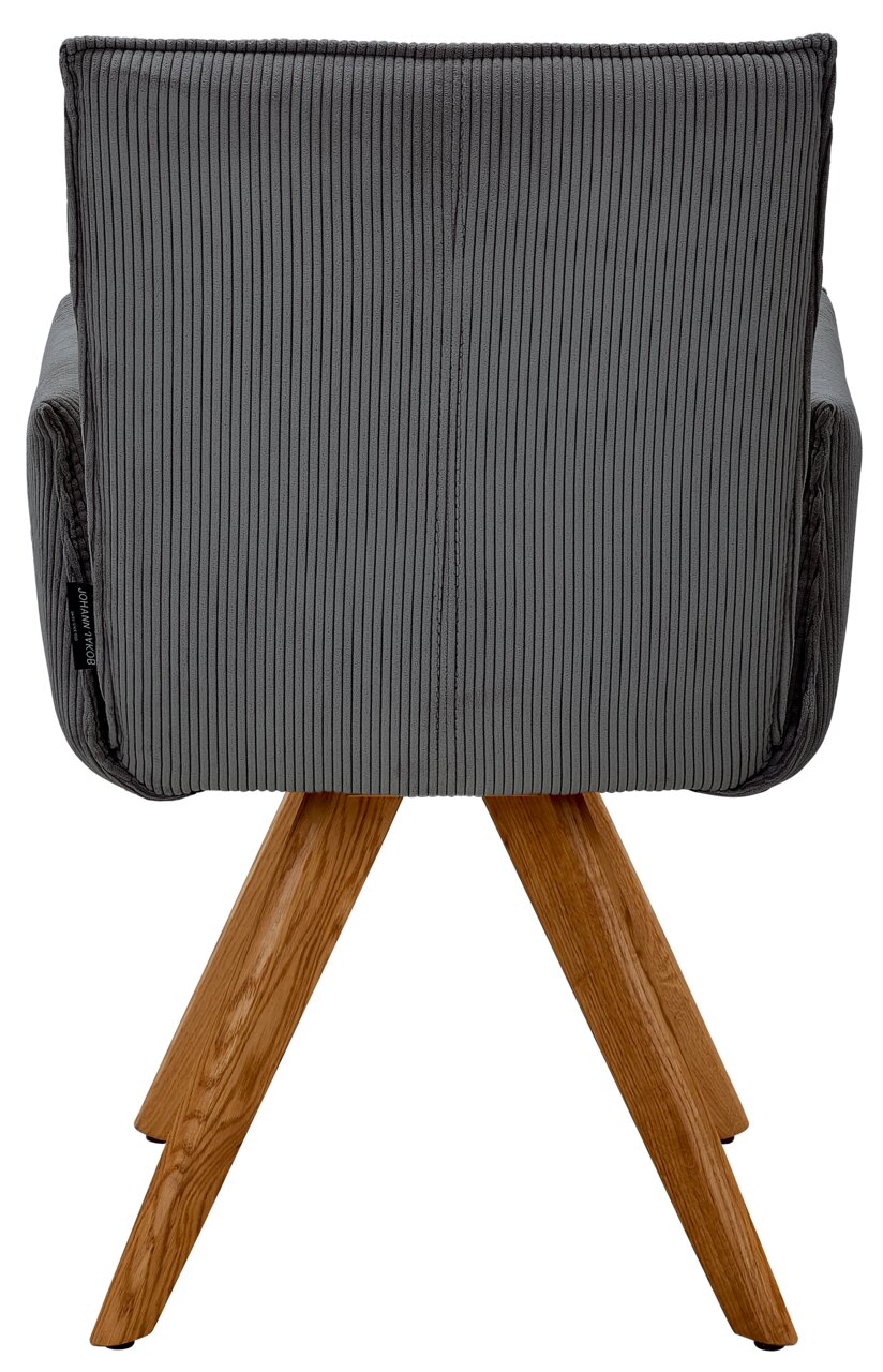 Johann Jakob Armlehnstuhl CALAS Rückansicht eines grauen Armlehnstuhls mit Holzbeinen, fotografiert von hinten.