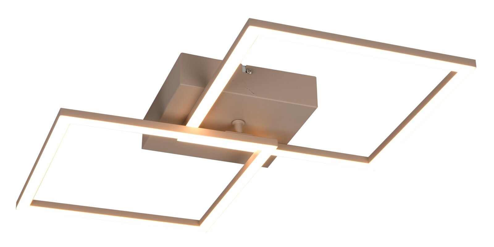 Moderne LED-Deckenleuchte in Weiß mit zwei überlappenden quadratischen Leuchtrahmen, warmweiß leuchtend, Ansicht schräg von unten (Untersicht)