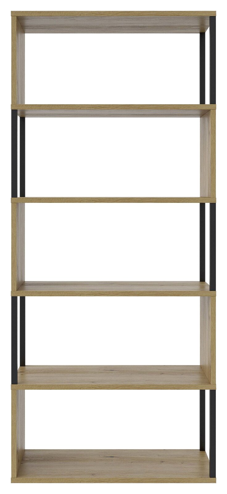 Breites Regal aus Holz mit fünf Ebenen, frontal betrachtet