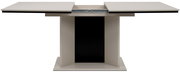 Moderner Esstisch mit ausziehbarer Tischplatte, frontal betrachtet.