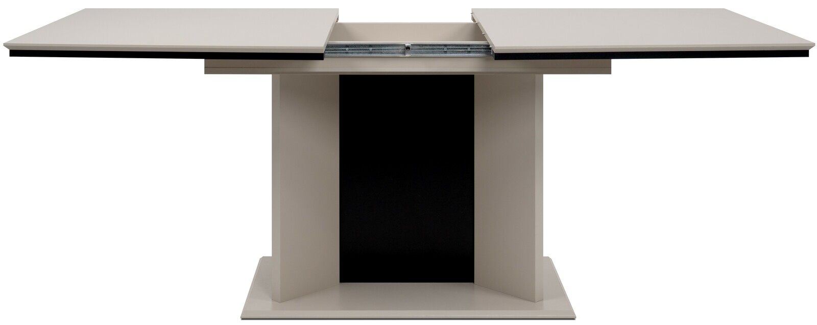Moderner Esstisch mit ausziehbarer Tischplatte, frontal betrachtet.