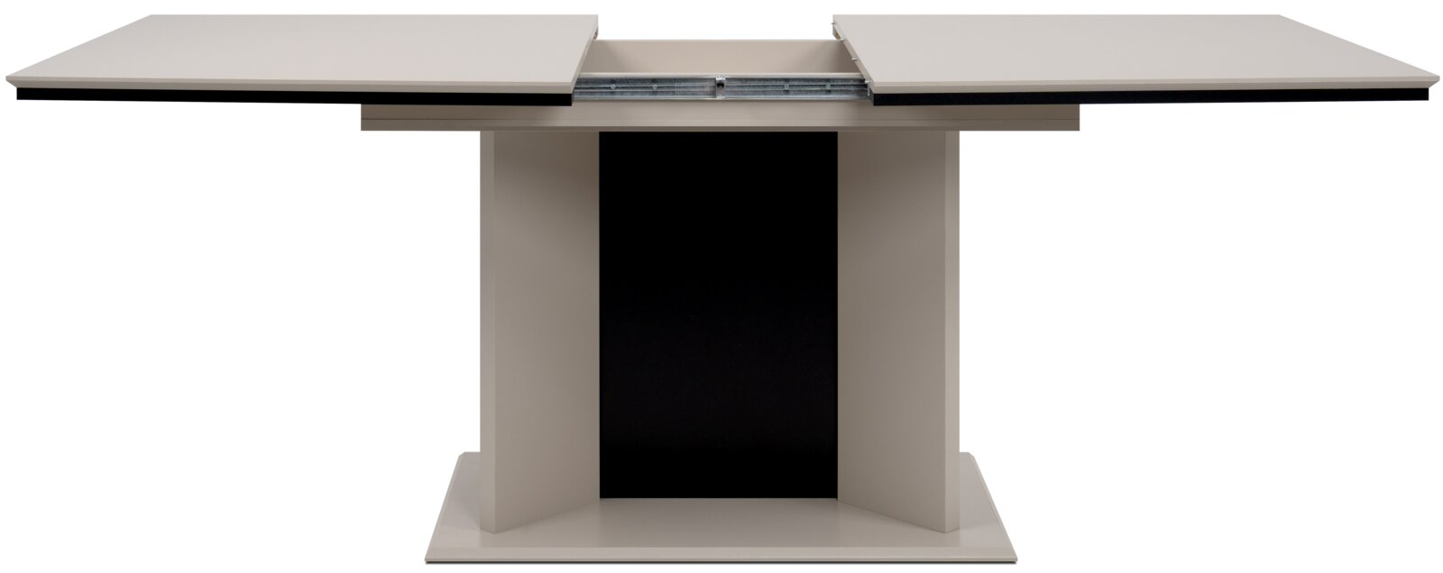 Moderne eettafel met uitschuifbaar tafelblad, gezien vanaf de voorkant.