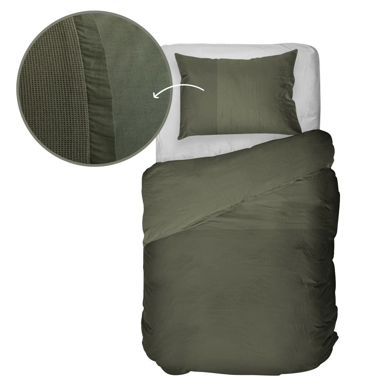 Grüne Bettwäsche 135x200cm mit Kissenbezug, Draufsicht, Detailansicht des Stoffmusters.