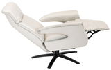 Seitliche Ansicht eines weißen Relaxsessels Welnova 8035 SUPERIOR mit verstellbarer Rückenlehne und Fußstütze auf schwarzem Drehfuß.