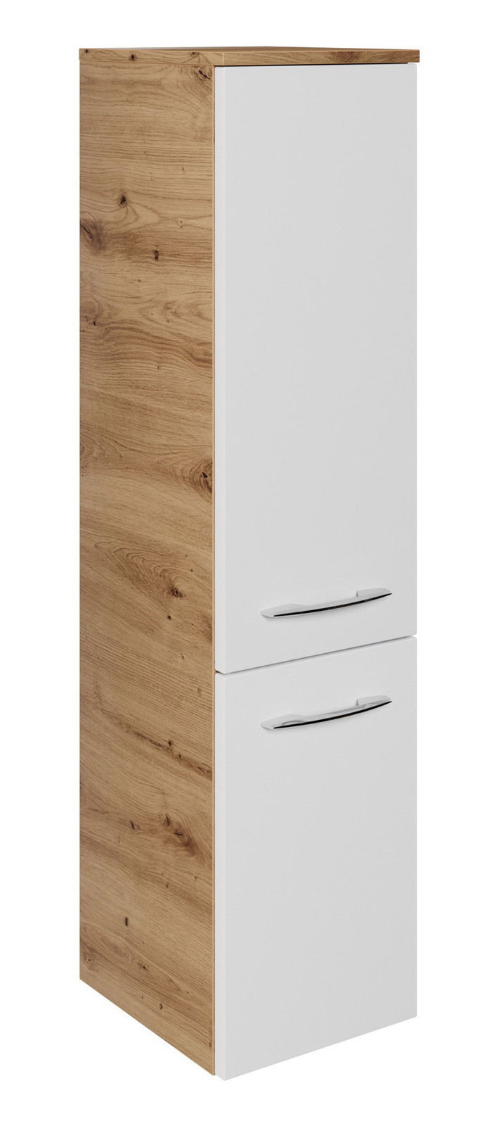 Midischrank 30,2 cm mit Holzoptik an der Seite und weißen Türen, Frontansicht