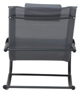 Rückansicht einer grauen Schaukelliege mit Metallrahmen.