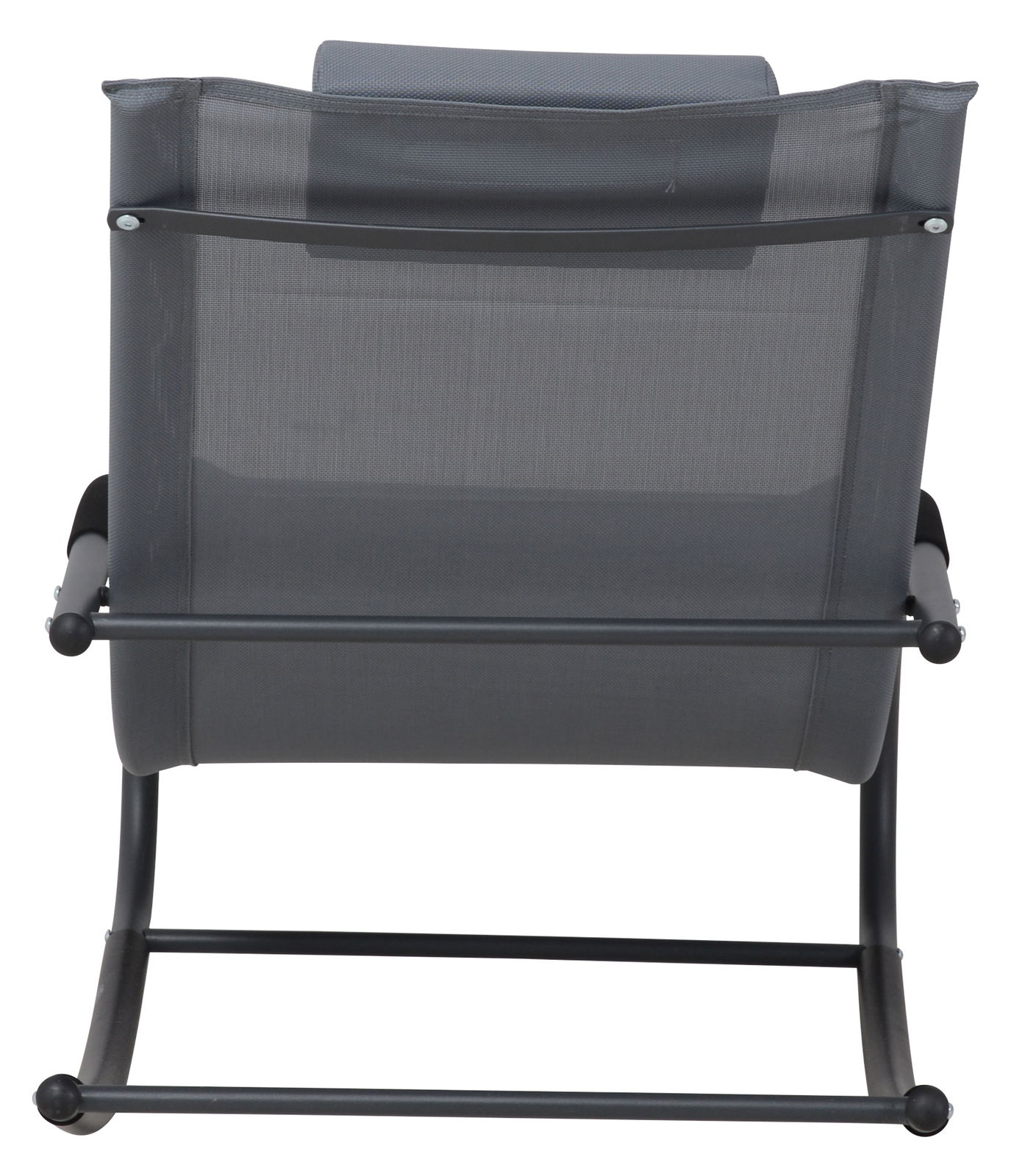 Rückansicht einer grauen Schaukelliege mit Metallrahmen.