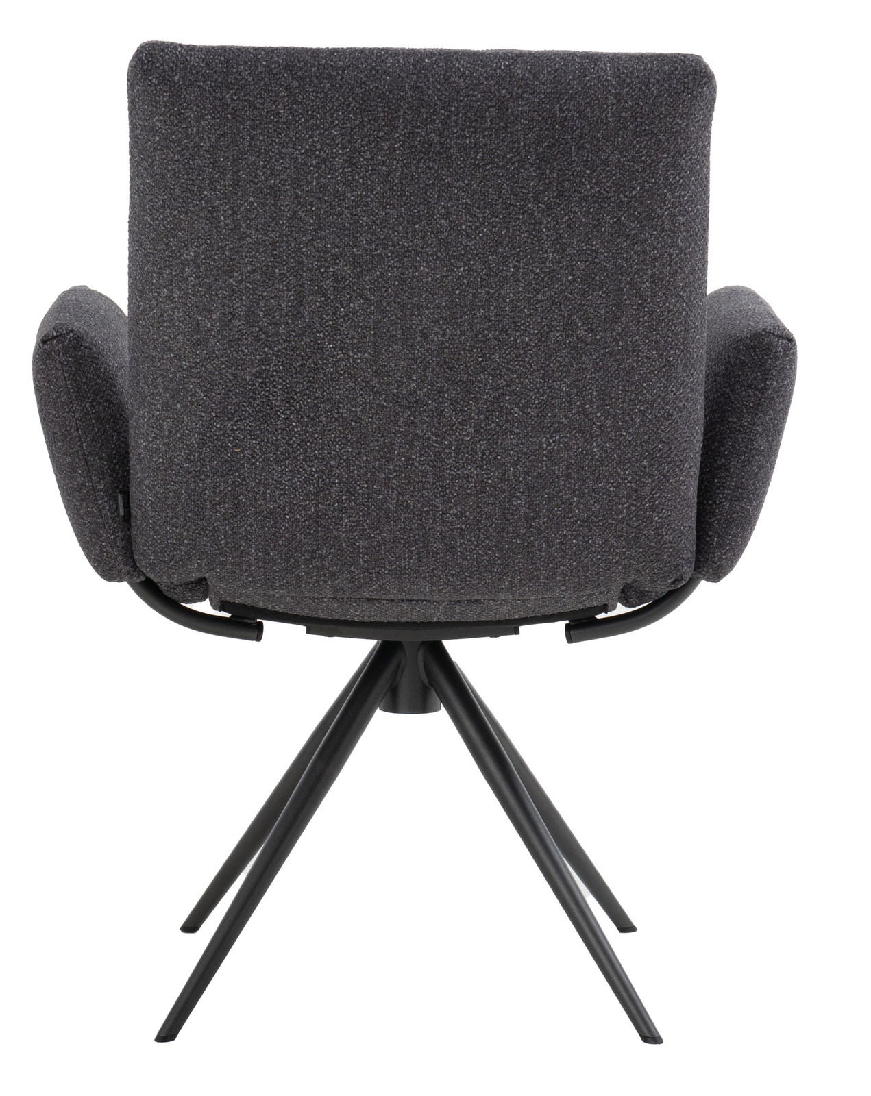 Rückansicht eines grauen Armlehnstuhls mit schwarzem Metallgestell und vier Beinen