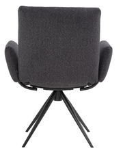 Rückansicht eines grauen Armlehnstuhls mit schwarzem Metallgestell und vier Beinen