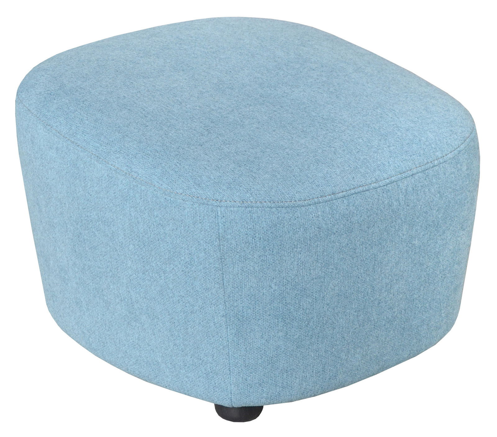 Hellblauer Hocker in schräger Perspektive, mit abgerundeten Ecken und schwarzem Fuß.