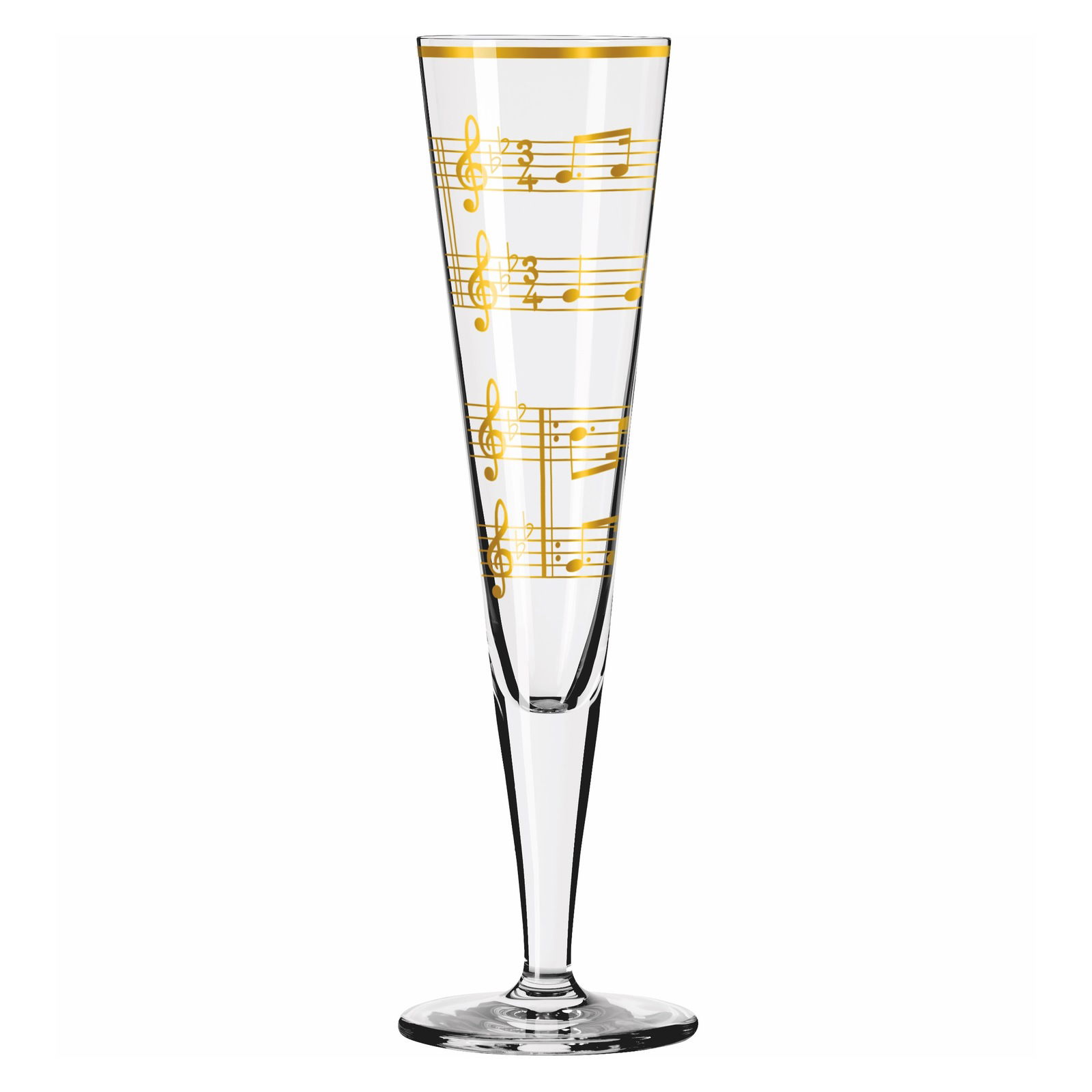 Champagnerglas mit goldenen Notenlinien, seitliche Perspektive