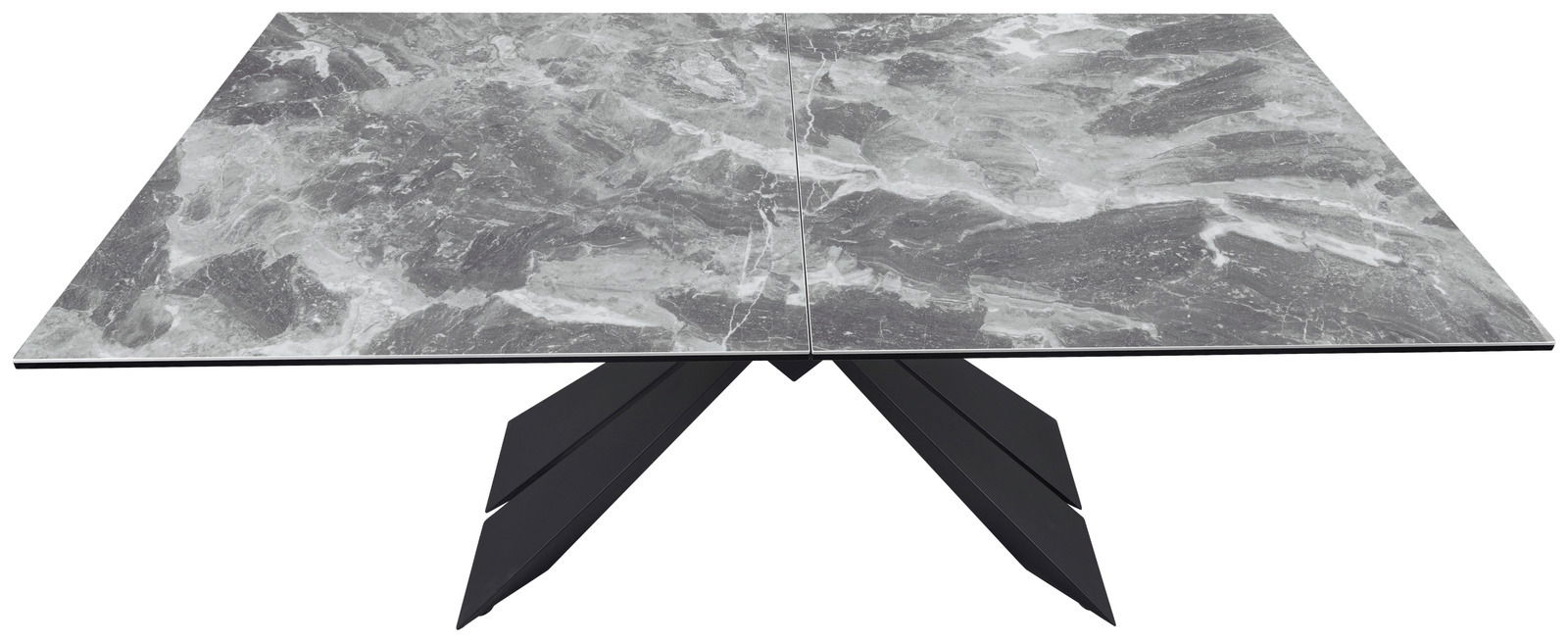 Moderner Esstisch mit grauer Marmoroptik und schwarzem Metallgestell, Ansicht von vorne.