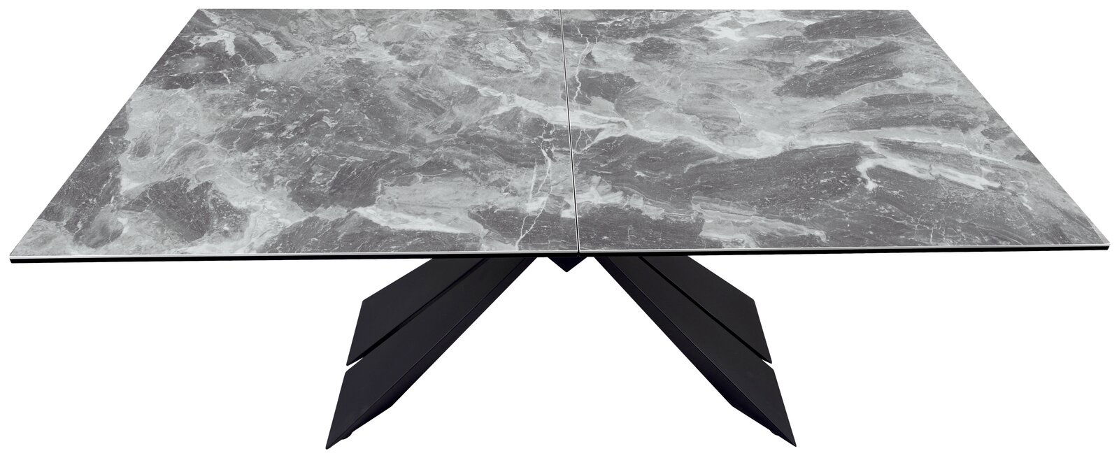 Moderner Esstisch mit grauer Marmoroptik und schwarzem Metallgestell, Ansicht von vorne.