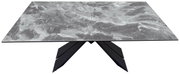 Moderne eettafel met grijze marmerlook en een zwart metalen onderstel, gezien vanaf de voorkant.